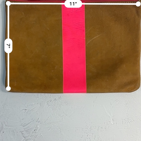 Clare V - Foldover Clutch w/ Tabs in Camel Nubuck w/Neon Pink Stripes - Picture 5 of 5